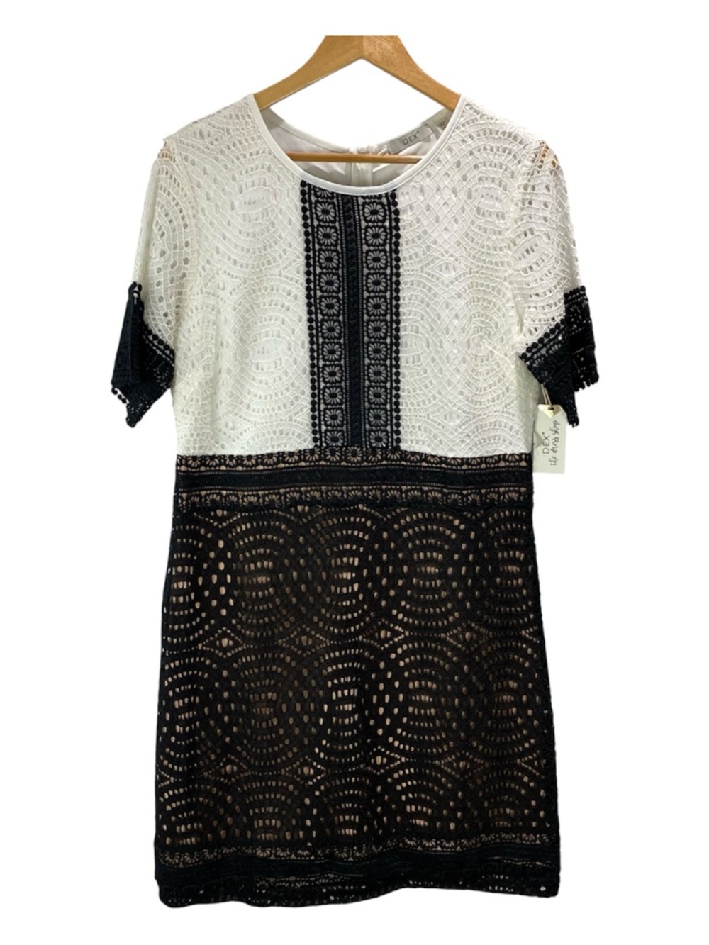 New Dex Lace Crochet Midi Dress Size L Black White Nude Lining Lace Ptp 19”